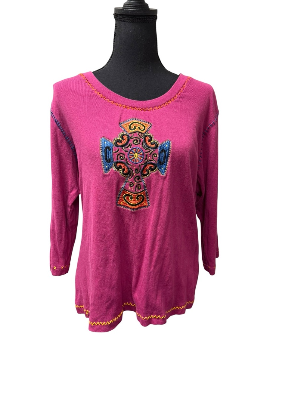 Cattlelac Ranch Pink Embroidered Cross Western Boho Top XXL Cotton Shirt